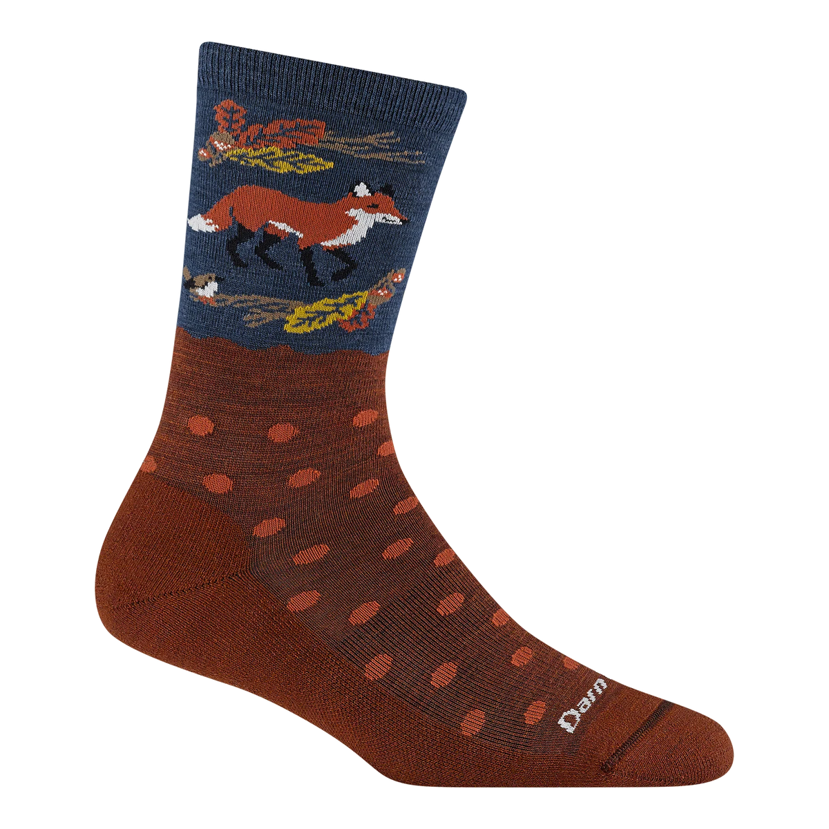 A single crew sock shown on a white background, featuring a dark navy upper section with a fox, leaves, and bird motif, and a rust brown lower section with orange polka dots.