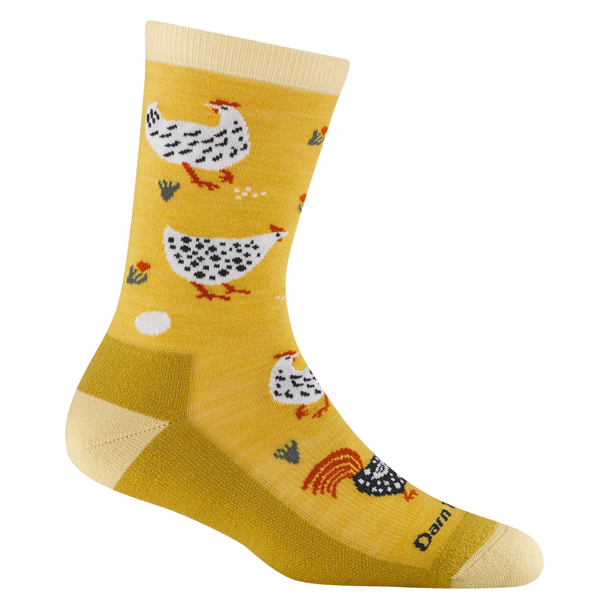Darn Tough yellow crew sock with chicken and rooster patterns and contrasting cream cuff, heel, and toe.
