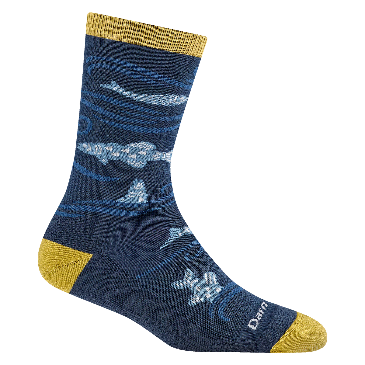 Navy sock with whale pattern and yellow accents on a white background