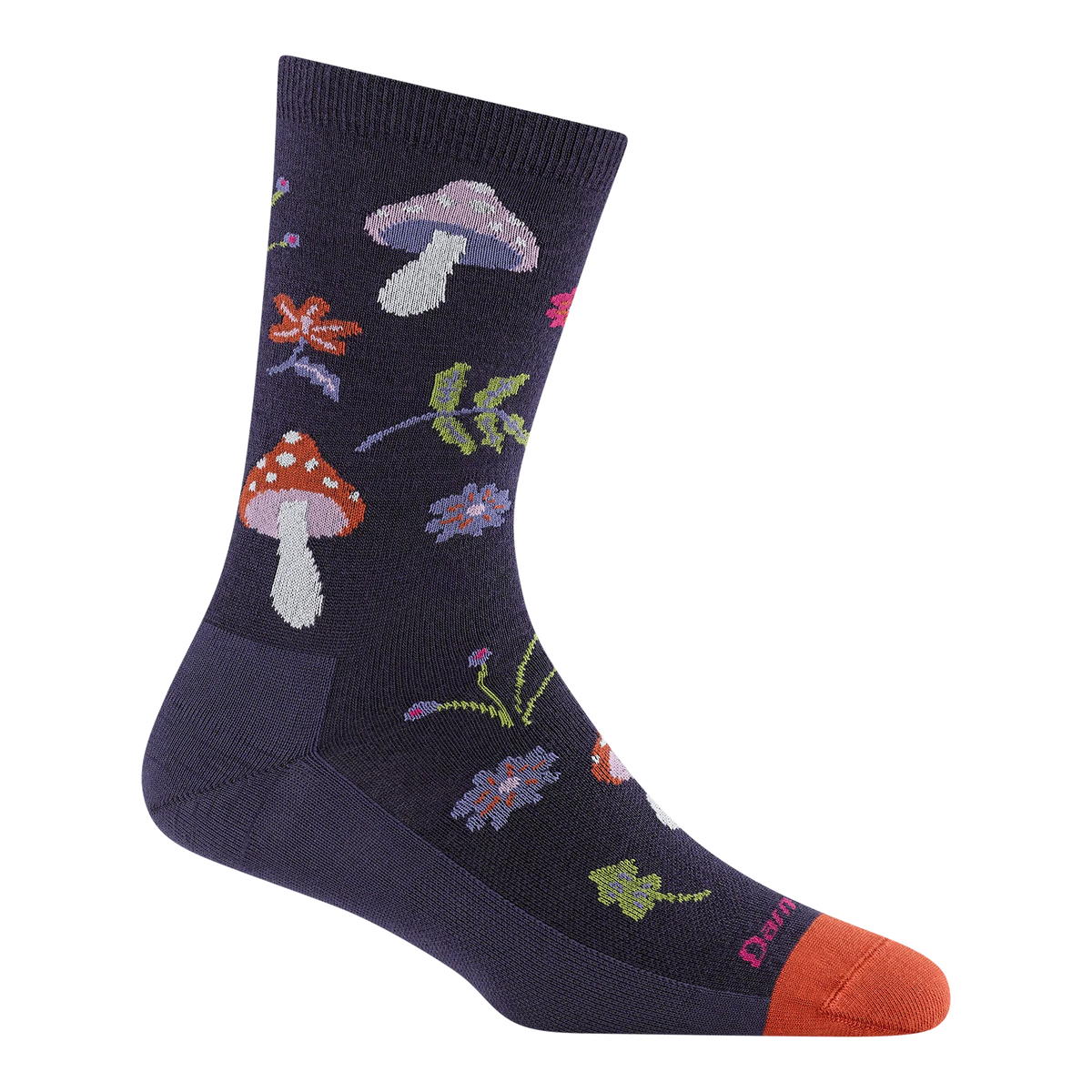 A single crew sock on a plain white background, featuring a dark navy base with a colorful knit pattern of mushrooms, flowers, leaves, and a bright orange toe cap.