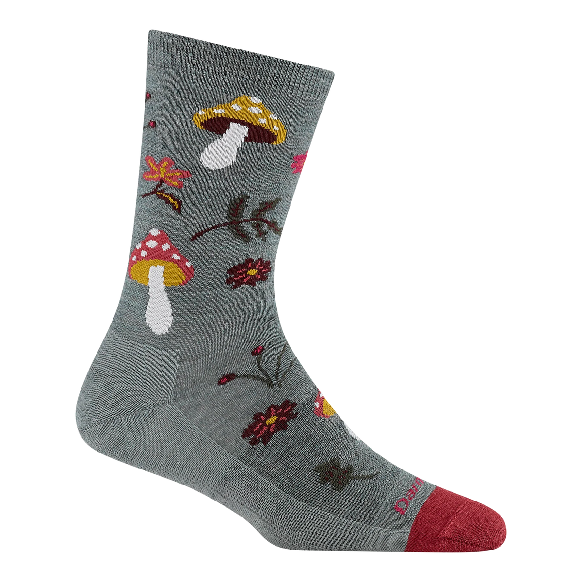 A single gray crew sock with a colorful autumn-themed knit pattern featuring mushrooms, flowers, leaves, and a red toe cap, shown on a plain white background.
