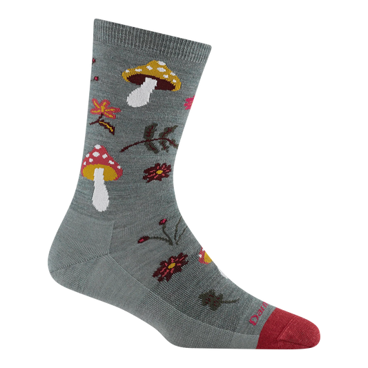 A single gray crew sock with a colorful autumn-themed knit pattern featuring mushrooms, flowers, leaves, and a red toe cap, shown on a plain white background.