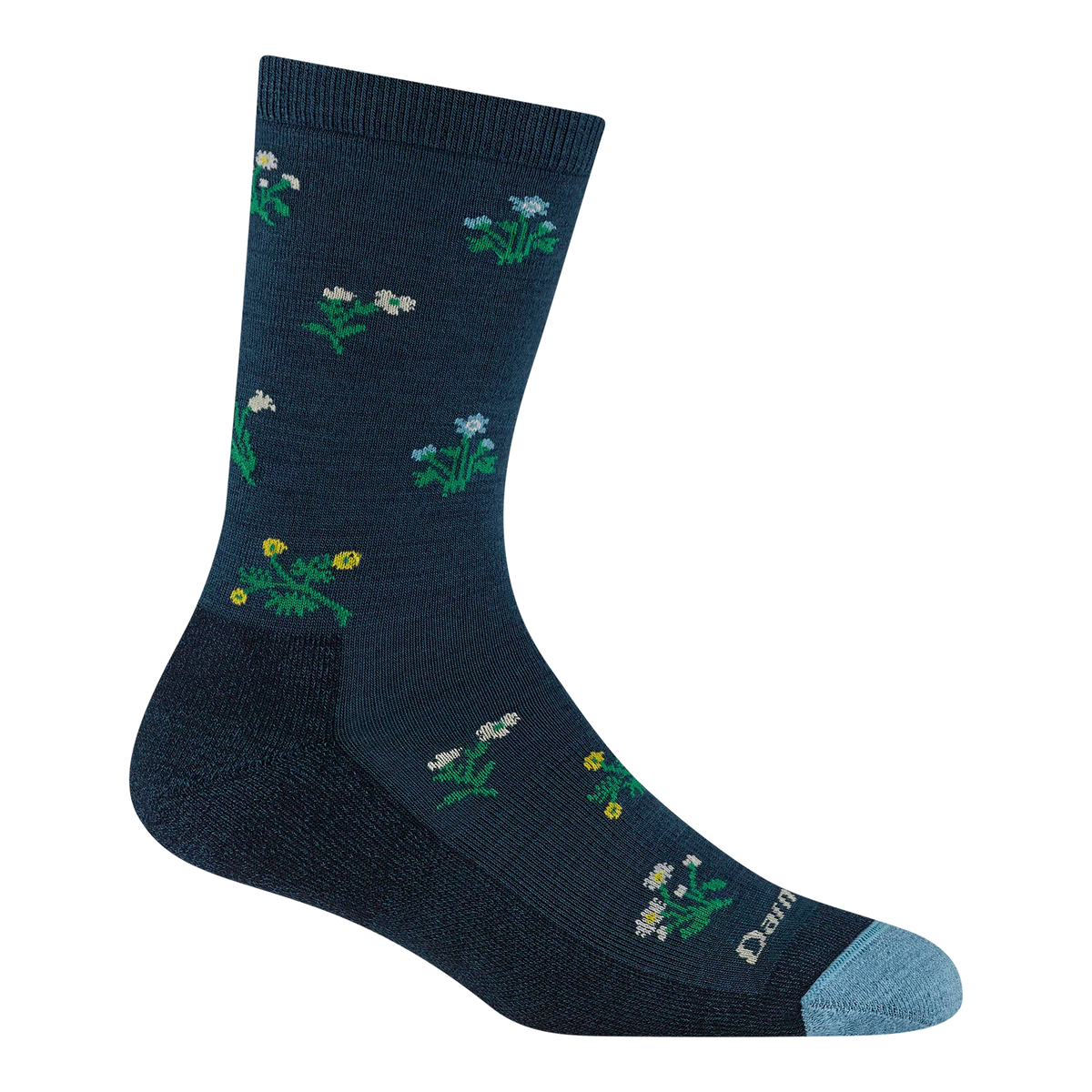 A single dark navy crew sock with a pattern of small white, blue, and yellow wildflowers, featuring a light blue toe cap and the Damier brand name printed near the toe.