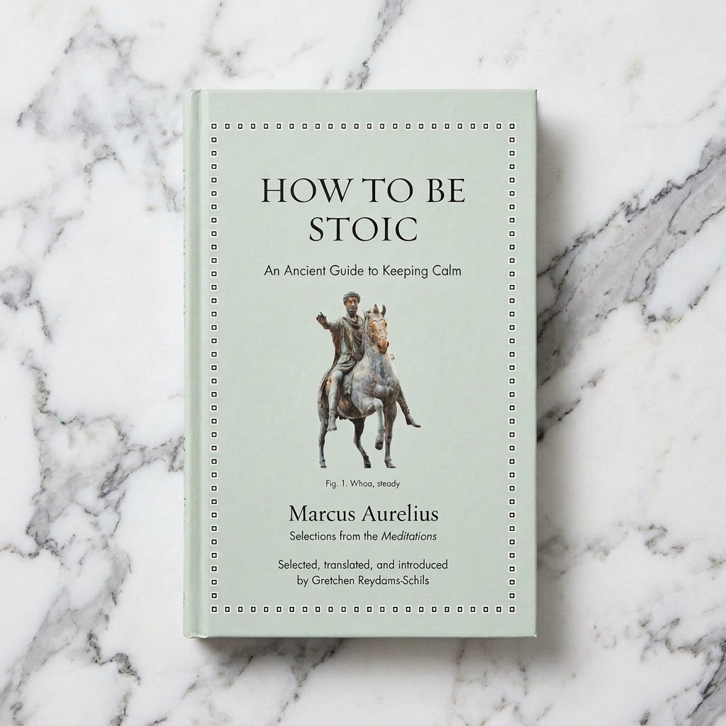 Pale green cover of How to Be Stoic by Marcus Aurelius, translated by Gretchen Reydams-Schils, featuring a statue of a man on horseback.
