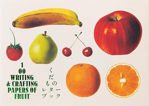 A vintage-style illustrated paper featuring various fruits, including a banana, apple, pear, cherries, orange, and strawberry, with text reading '100 WRITING & CRAFTING PAPERS OF FRUIT' and Japanese text on a cream background.