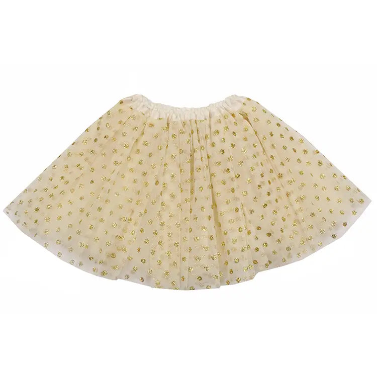 Sparkle Sisters Gold Small Dot Tutu — a full ivory tulle skirt scattered with small glitter gold dots, with a white elastic waistband, on a white background