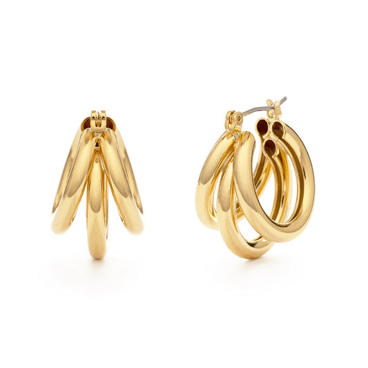 A pair of vintage style triple hoop earrings made of 14k gold over brass.