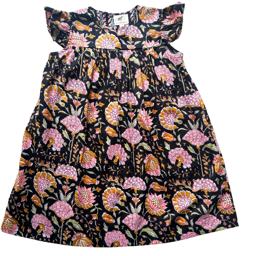 Flutter Sleeve Midi Dress in Charcoal and Pink Magnolia Block Print