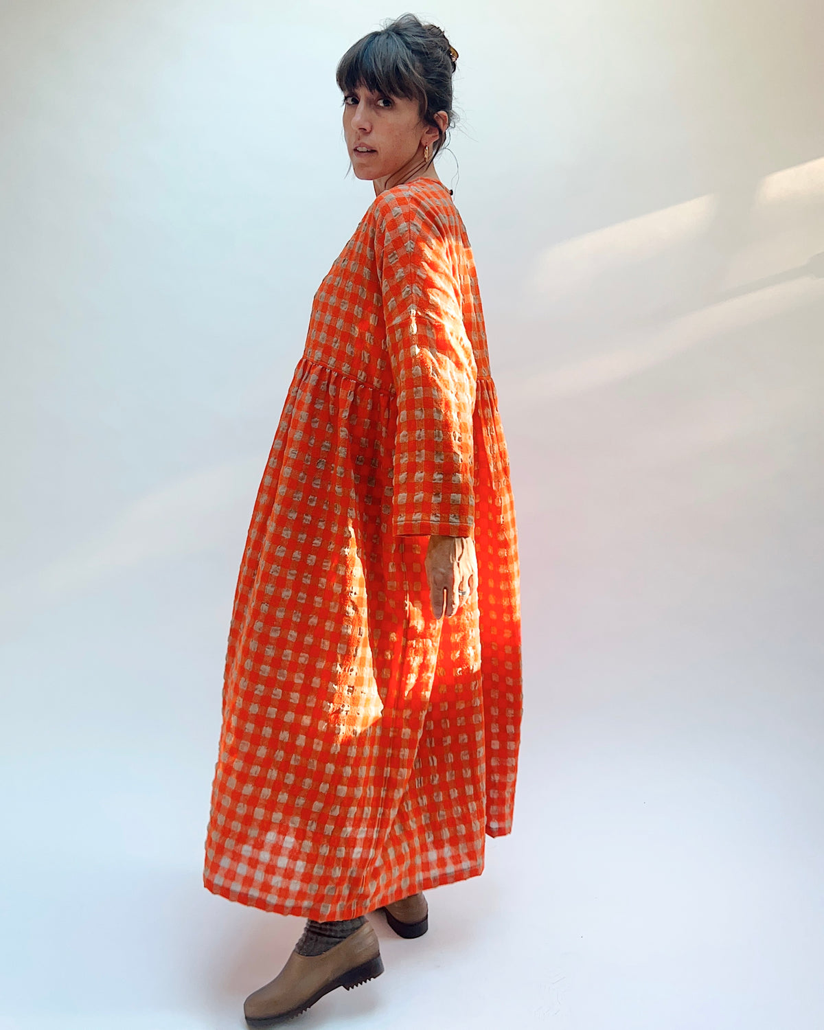 Gingham Wool Check Dress in Beige & Orange