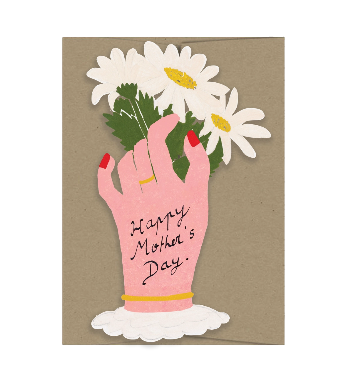 Greeting card with a hand holding flowers and 'Happy Mother's Day' text on a brown background