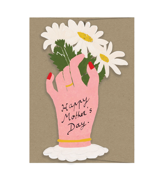 Greeting card with a hand holding flowers and 'Happy Mother's Day' text on a brown background