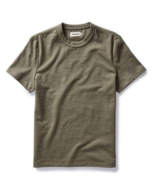 Taylor Stitch Organic Cotton Shop Tee in Army Twist, flat lay product shot on white background, army green heathered crewneck tee with Taylor Stitch interior label visible
