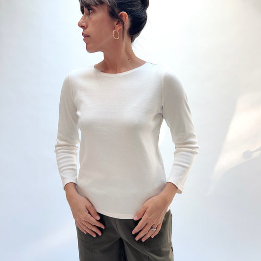 Habitat Rib Everyday Tee in Winter White, front three-quarter view showing the bateau neckline and fitted ribbed silhouette
