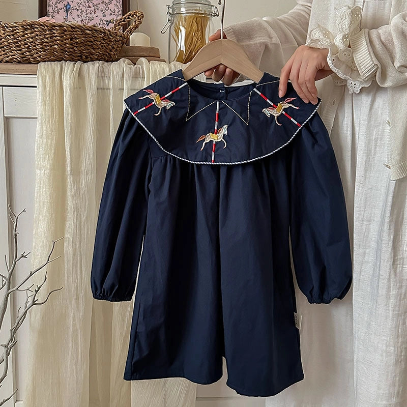 Navy Carousel Wide Collar Dress