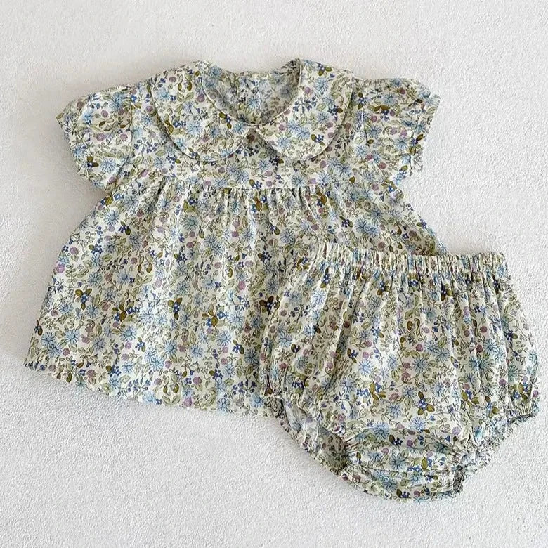 Short Sleeve Floral Top and Bloomers Set in Blue Bramble