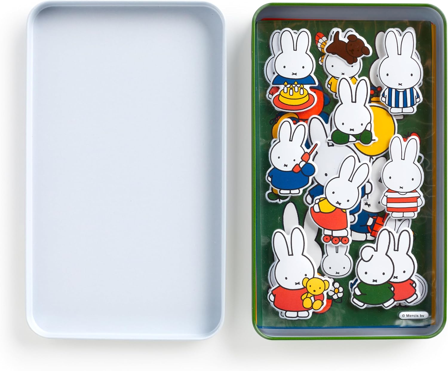 Open green Miffy Sticker Tin with lid beside it, filled with die-cut puffy Miffy stickers in various outfits and poses including birthday, pajamas, and roller skates