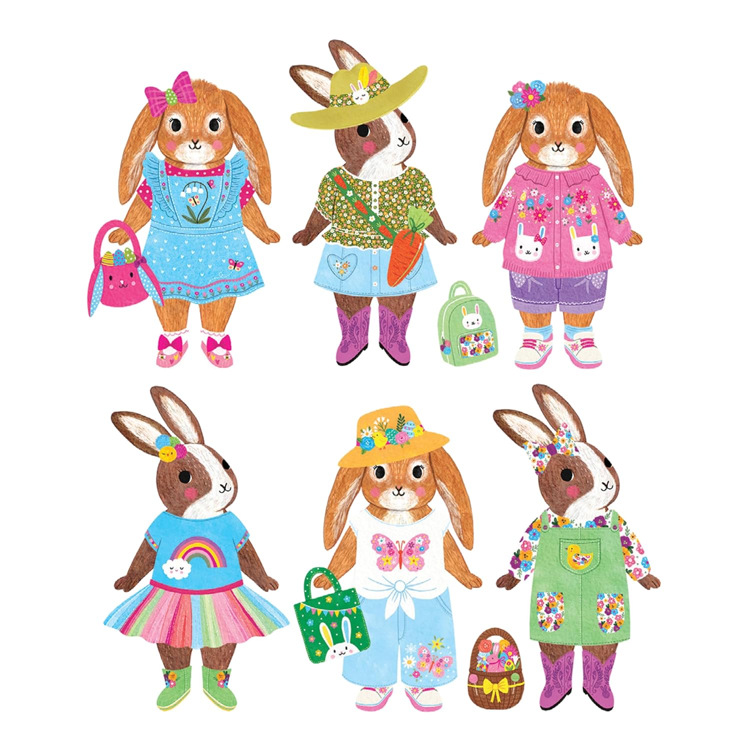 Six illustrated bunny characters wearing a variety of mix-and-match outfits including dresses, jackets, hats, and accessories from the Garden Bunnies Magnetic Dress-Up set