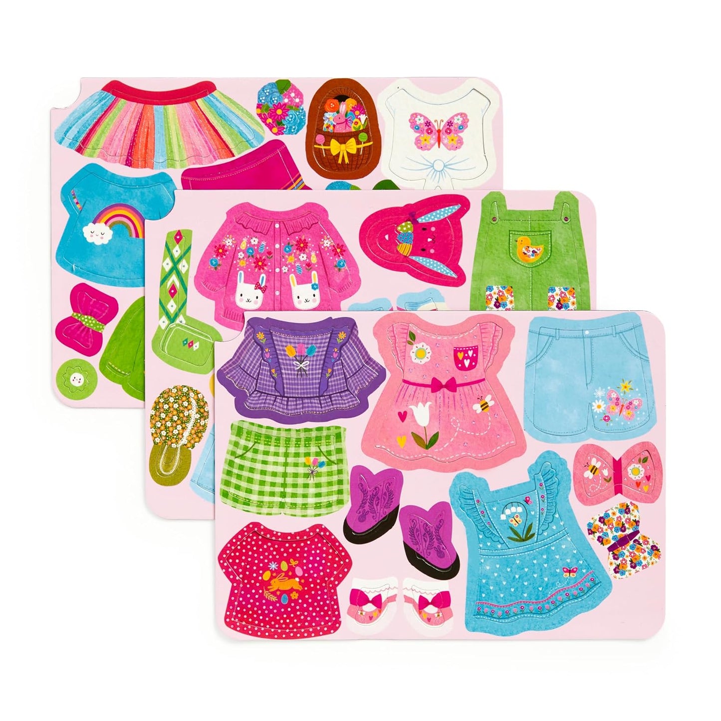 Three sheets of magnetic clothing pieces including dresses, tops, skirts, overalls, hats, shoes, and accessories in pink, blue, green, and purple for the Garden Bunnies dress-up set