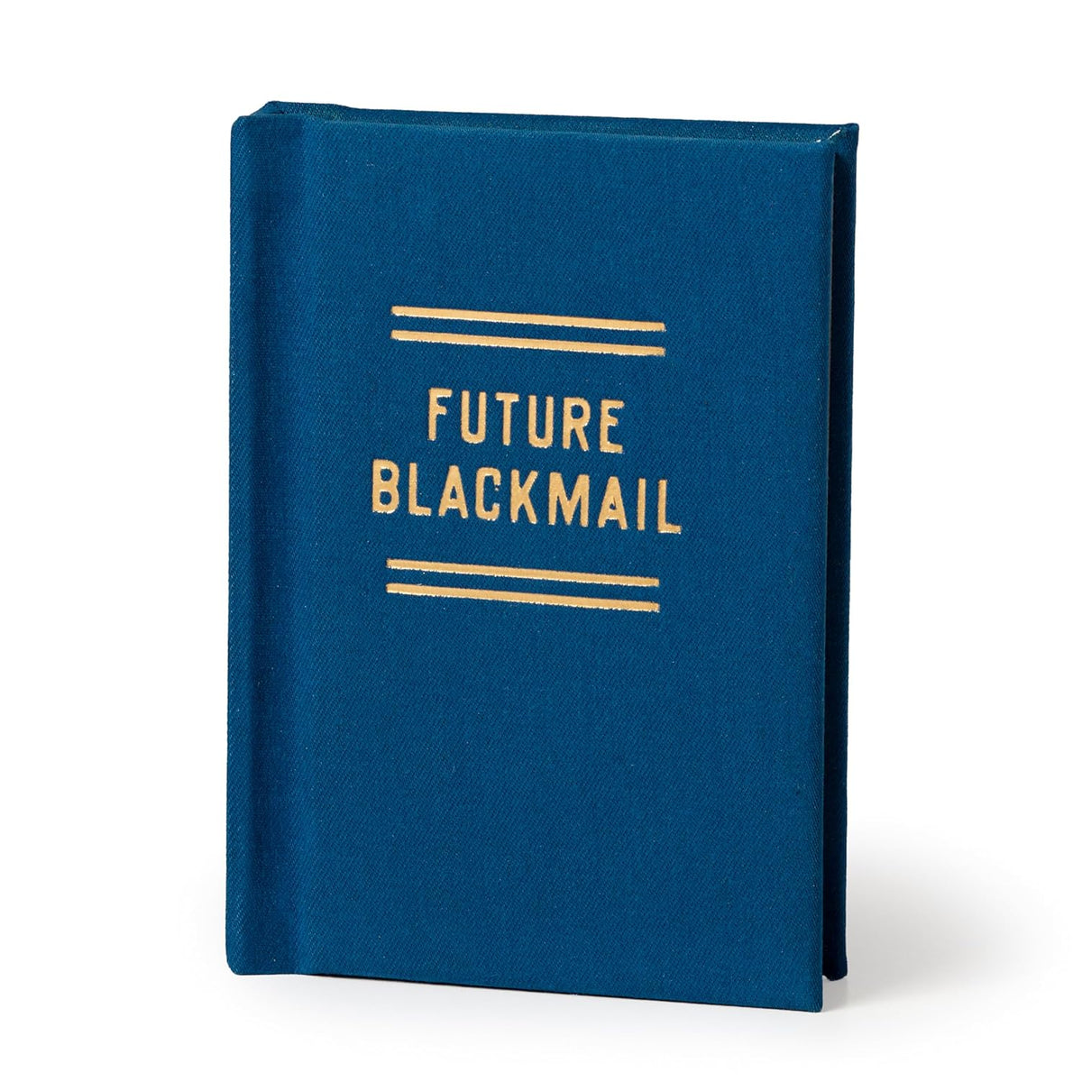 Blue Future Blackmail Diary with gold foil lettering and decorative lines on the front cover.
