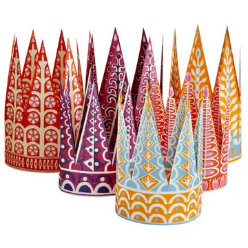 Colorful printed crowns against a white background.