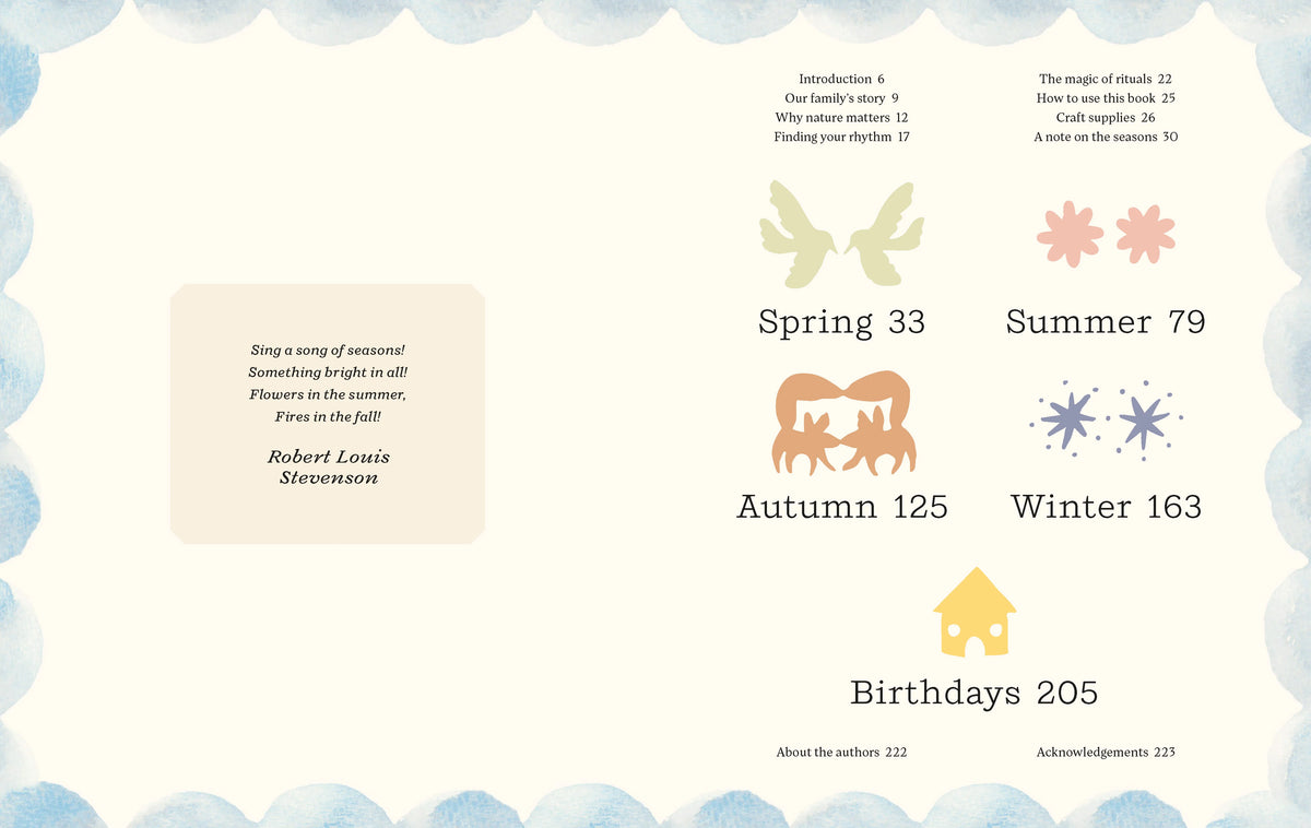 Illustrated contents spread listing spring, summer, autumn, winter, and birthday activities beside a Robert Louis Stevenson verse.
