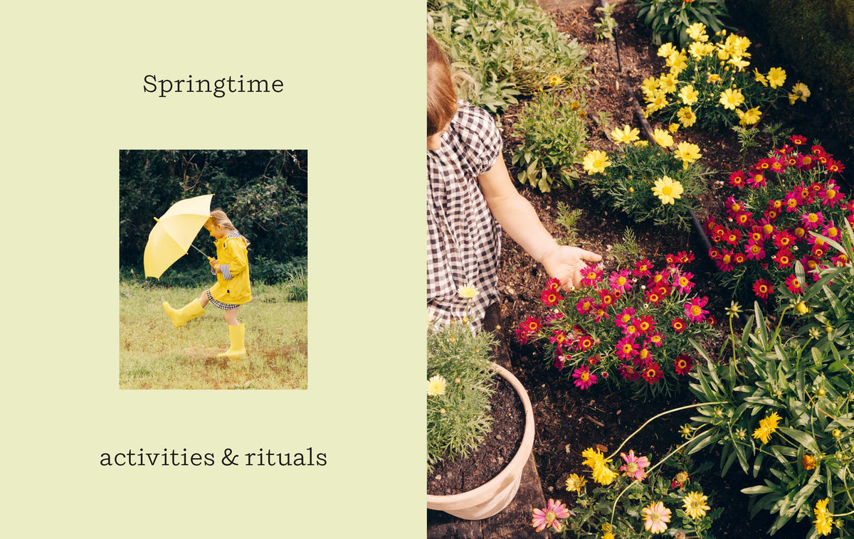 Springtime activities and rituals spread, with a child carrying a yellow umbrella and another child among colorful garden flowers.
