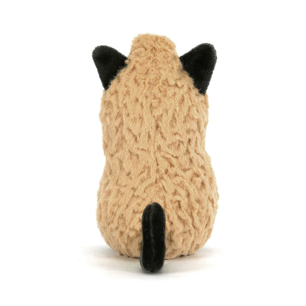 Rear view of the Jellycat Amuseables Peanut Cat plush toy on a white background, showing its golden textured back, black ears, and short black tail