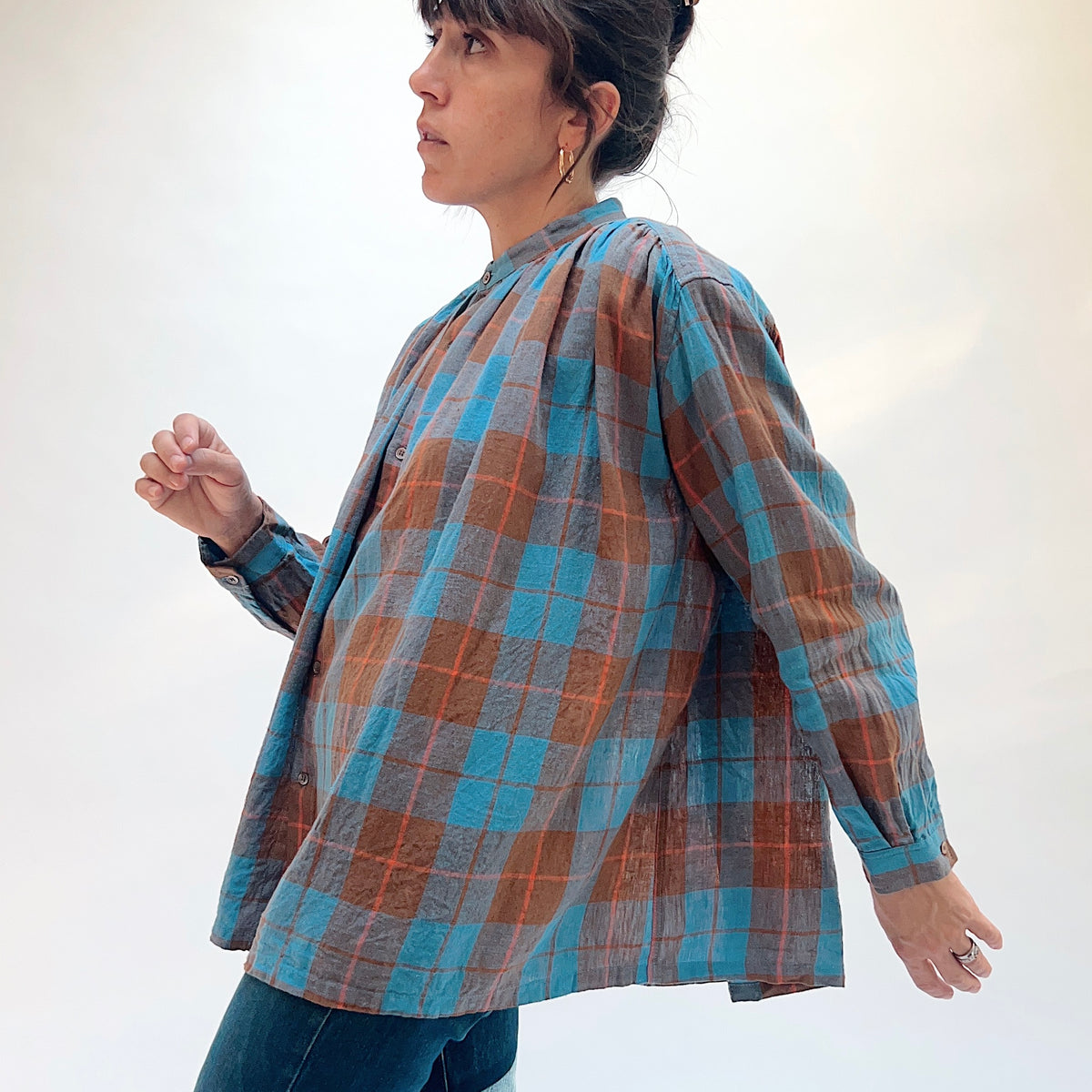 Ichi Antiquités Woven Plaid Check Shirt in Blue, angled front view showing the button front and blue, brown, and gray plaid.
