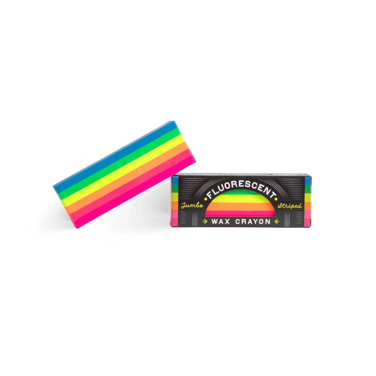 Rectangular fluorescent jumbo wax crayon with blue, green, yellow, orange, and pink stripes beside its black box.
