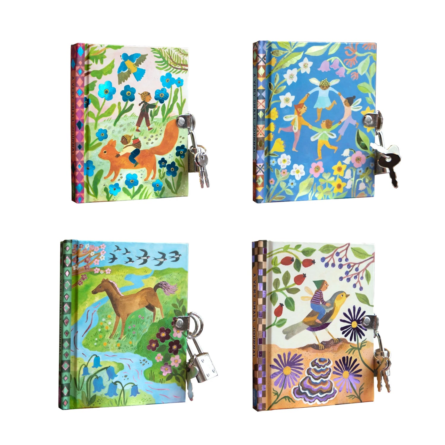 Four pocket-sized hardcover journals with colorful, fantasy-themed illustrations and locks with keys.