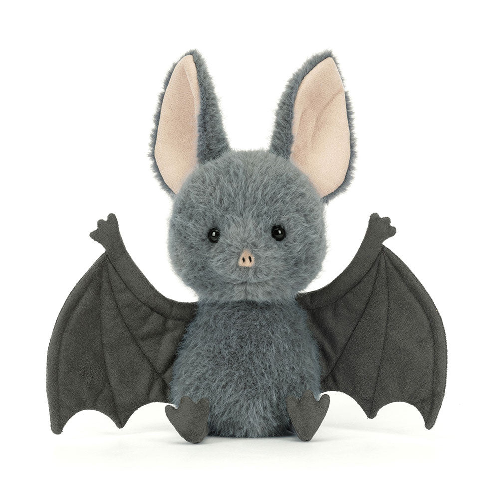 Front view of the Jellycat Broox Bat plush toy on a white background, showing the full body with wings fully spread, large cream-lined ears, black eyes, pink nose, and small dark feet