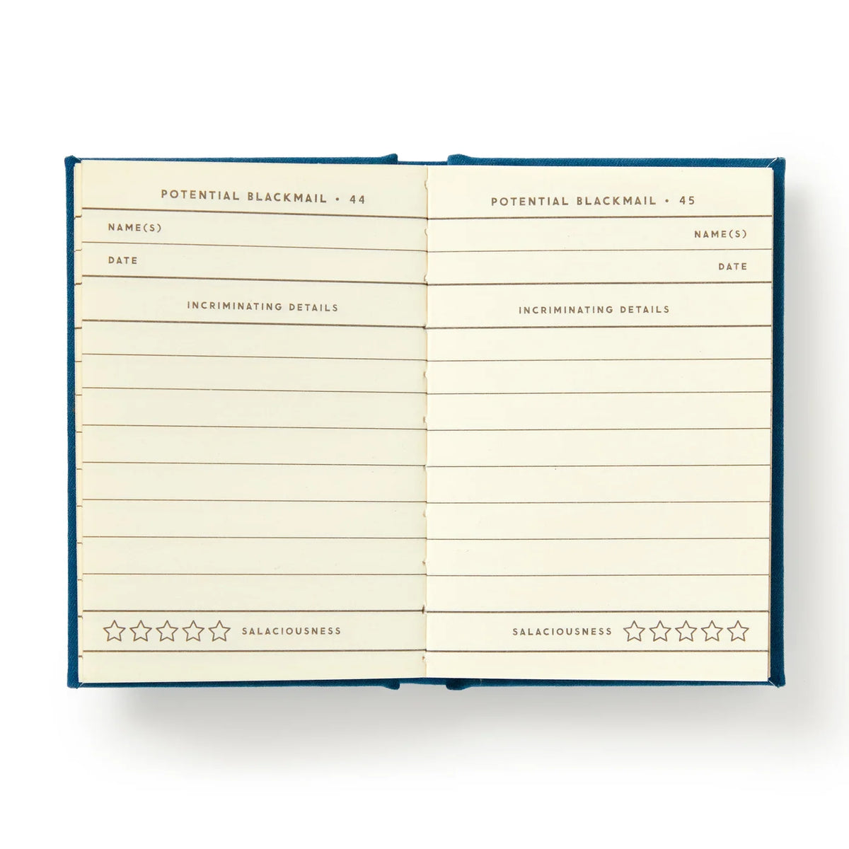 Open diary showing lined “Potential Blackmail” pages with fields for names, dates, incriminating details, and a five-star salaciousness rating.
