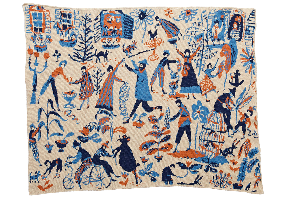 Portuguese Village Spice baby blanket with blue, orange, and navy villagers, animals, and plants on a cream background.
