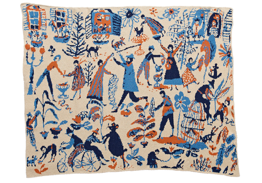 Portuguese Village Spice baby blanket with blue, orange, and navy villagers, animals, and plants on a cream background.

