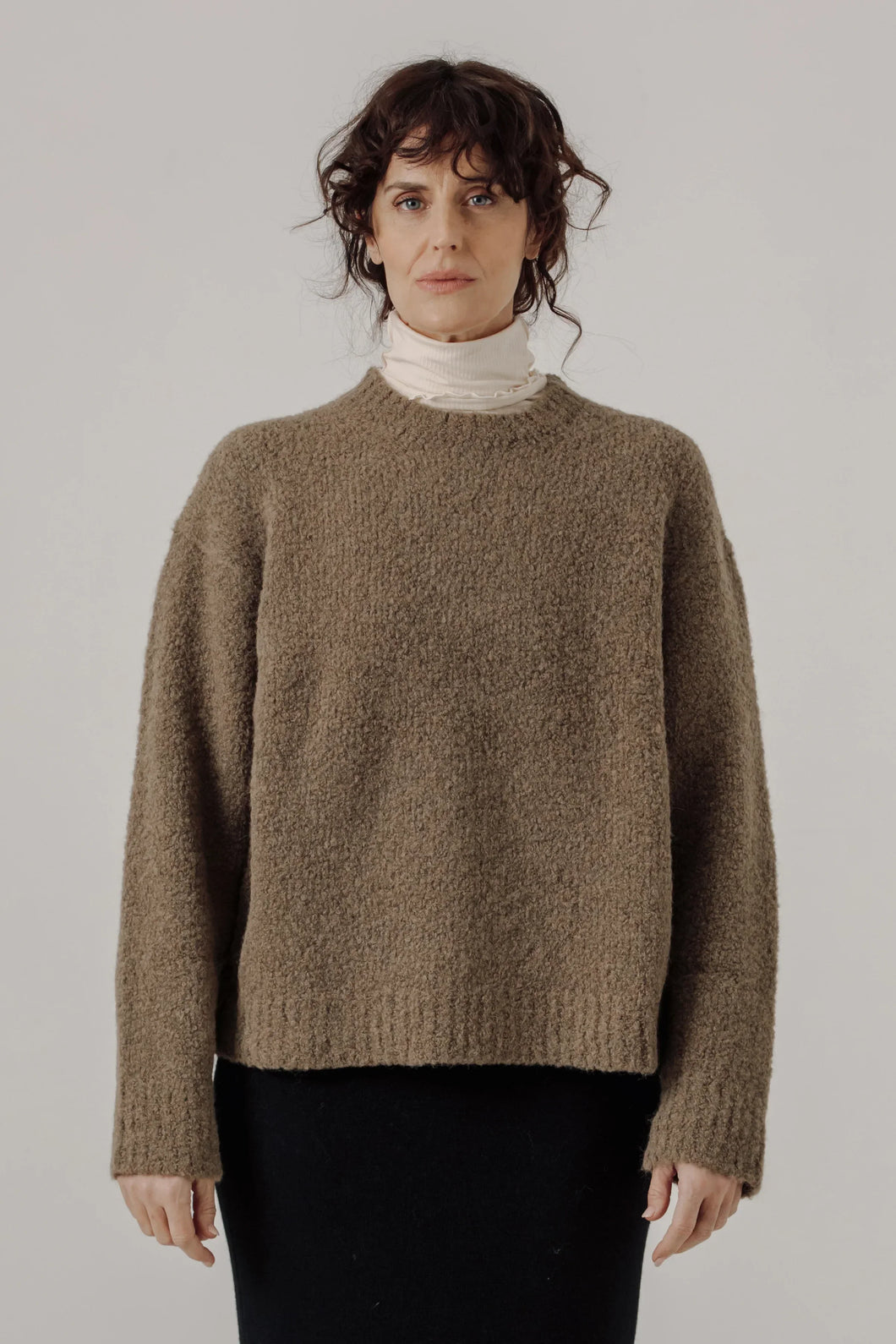 Bare Knitwear | Colette Boucle Crewneck in Dark Khaki