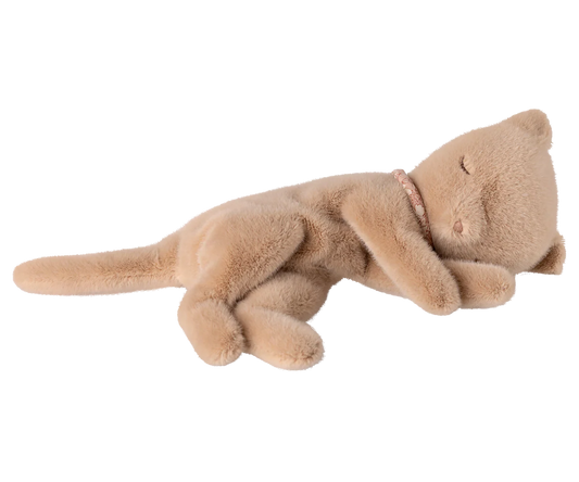 Maileg Small Plush Sleeping Kitten in Cream Peach on a white background — a soft cream-peach stuffed kitten lying stretched out with eyes closed, a tiny pink bead collar, and a long curling tail
