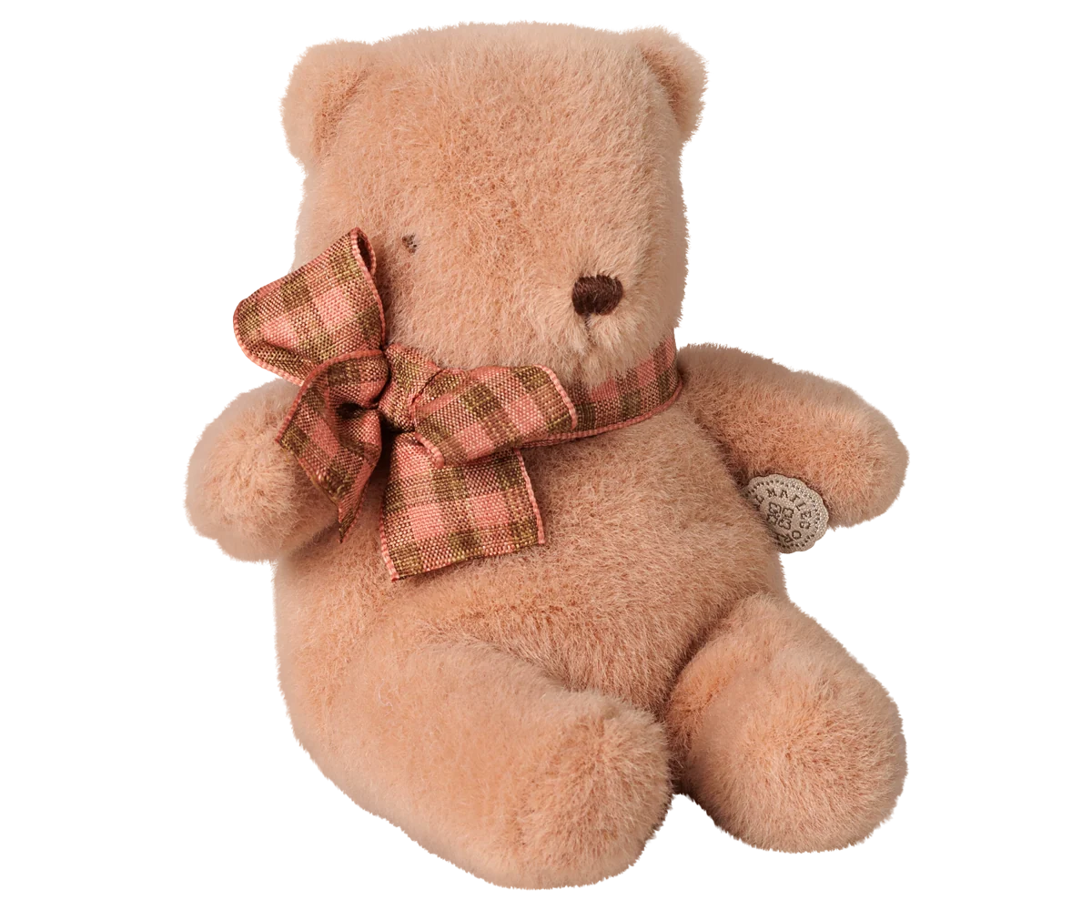 Maileg Mini Plush Teddy Bear in Vintage Rose sitting upright, with a pink and brown plaid bow, round ears, and a dark stitched nose.

