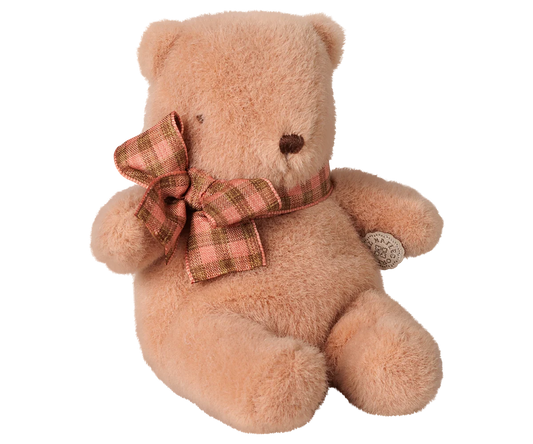 Maileg Mini Plush Teddy Bear in Vintage Rose sitting upright, with a pink and brown plaid bow, round ears, and a dark stitched nose.
