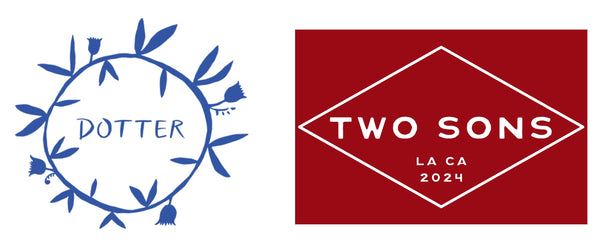 Two graphic logos side by side: on the left, a blue hand-drawn floral wreath with the word 'DOTTER' in the center on a white background; on the right, a red diamond outline logo with 'TWO SONS' and 'LA CA 2024' in white.