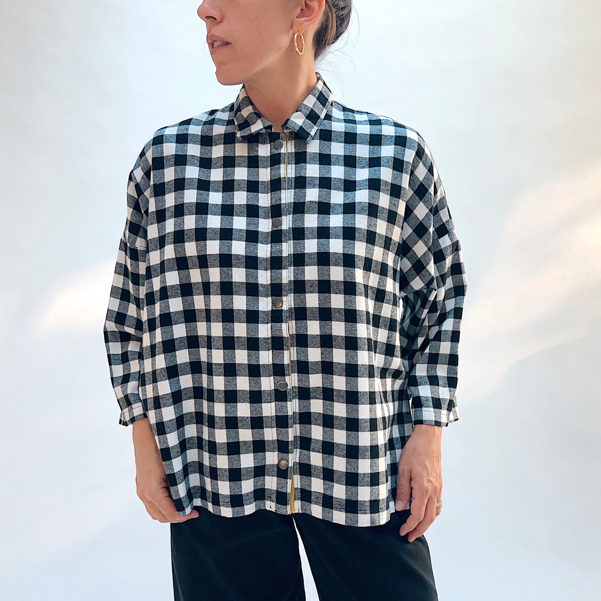 Eleven Stitch Big Check Big Shirt in Black & White, front view showing the relaxed boxy fit and chest pocket in large black and white gingham check cotton flannel
