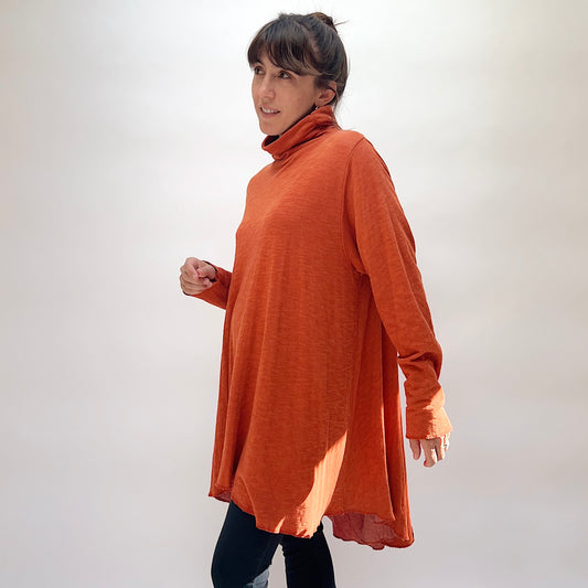 Double Cotton Hi Low Turtleneck Top in Raw Sienna
