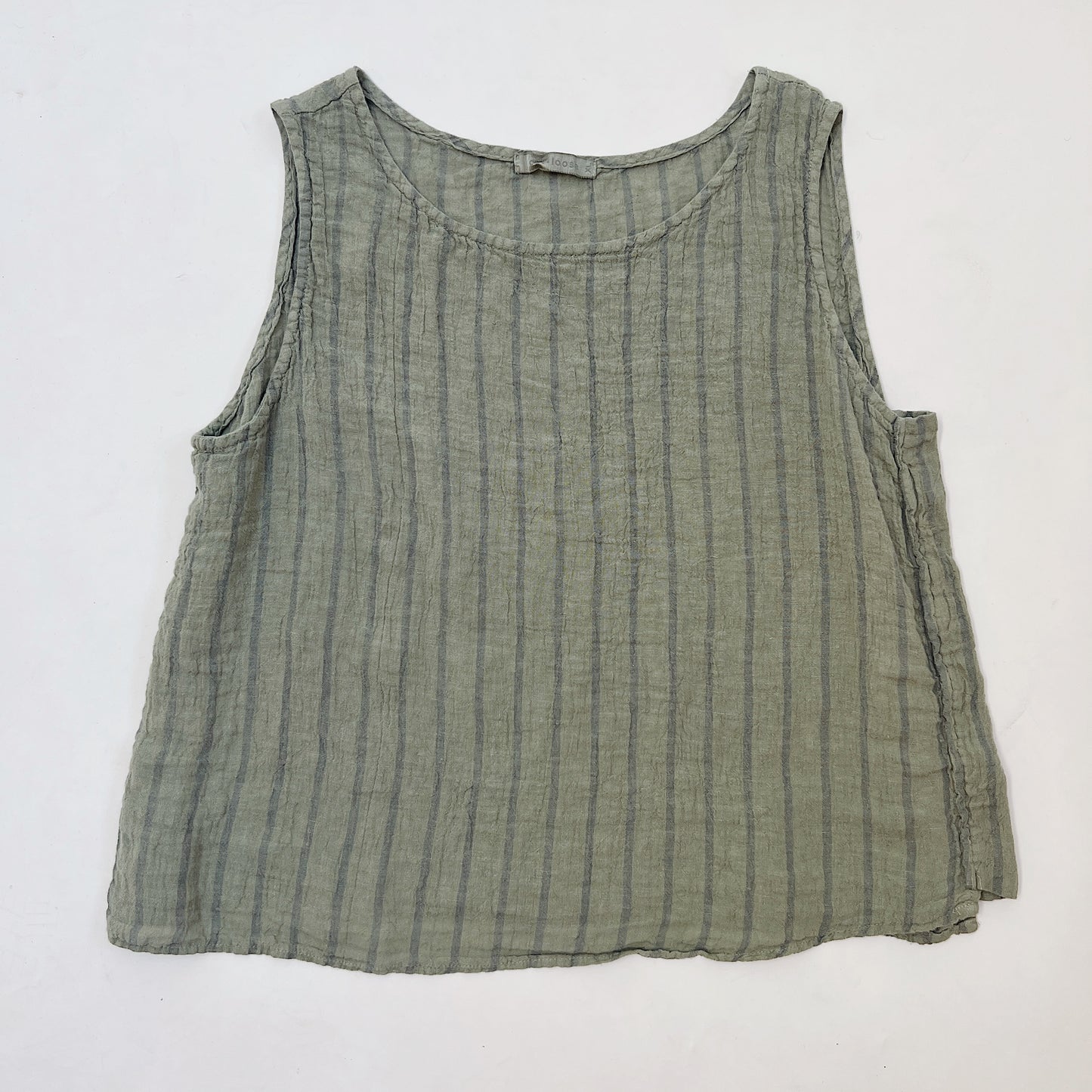 Cut Loose Striped Side Button Shell Tank in Balsam Green, front view, 100% linen, sleeveless with scoop neckline, flat lay on white background
