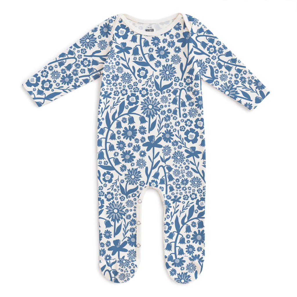 Winter Water Factory | Footed Romper in Dutch Floral Delft Blue