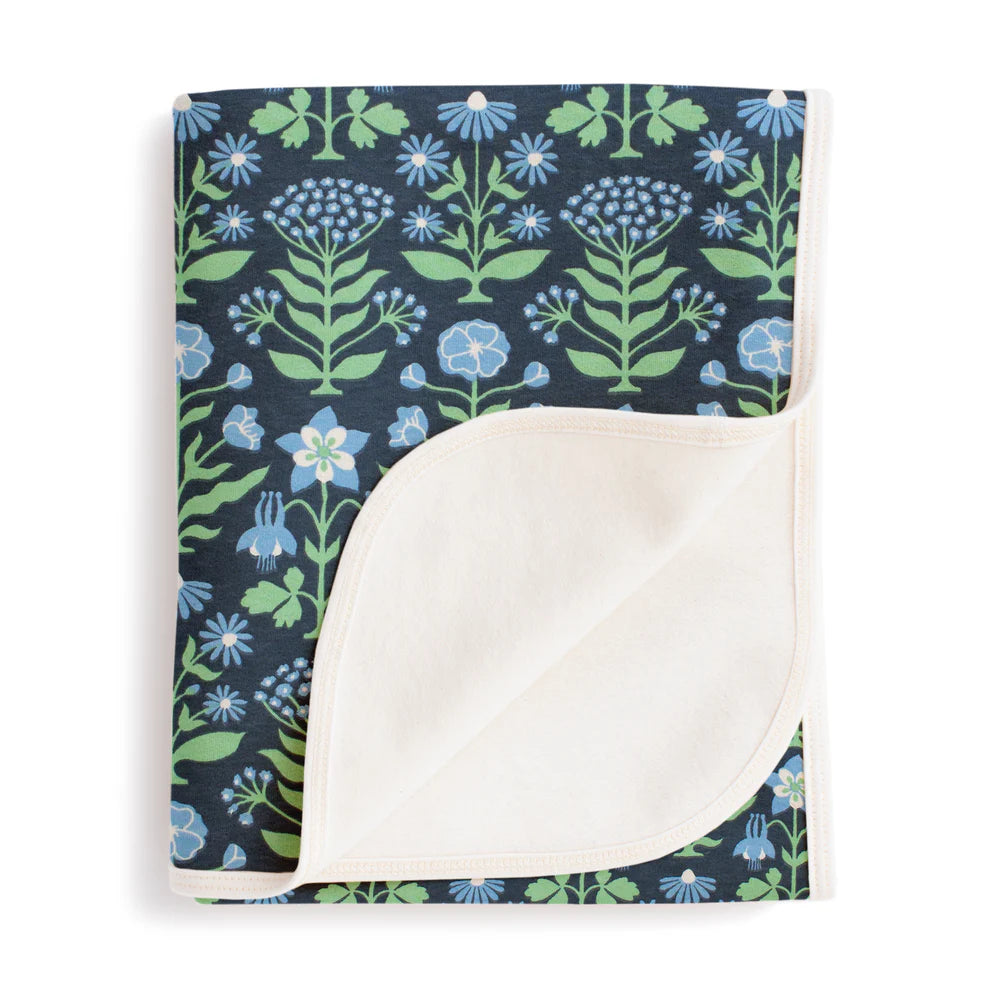 Winter Water Factory | French Terry Blanket in Blockprint Floral Blue & Green