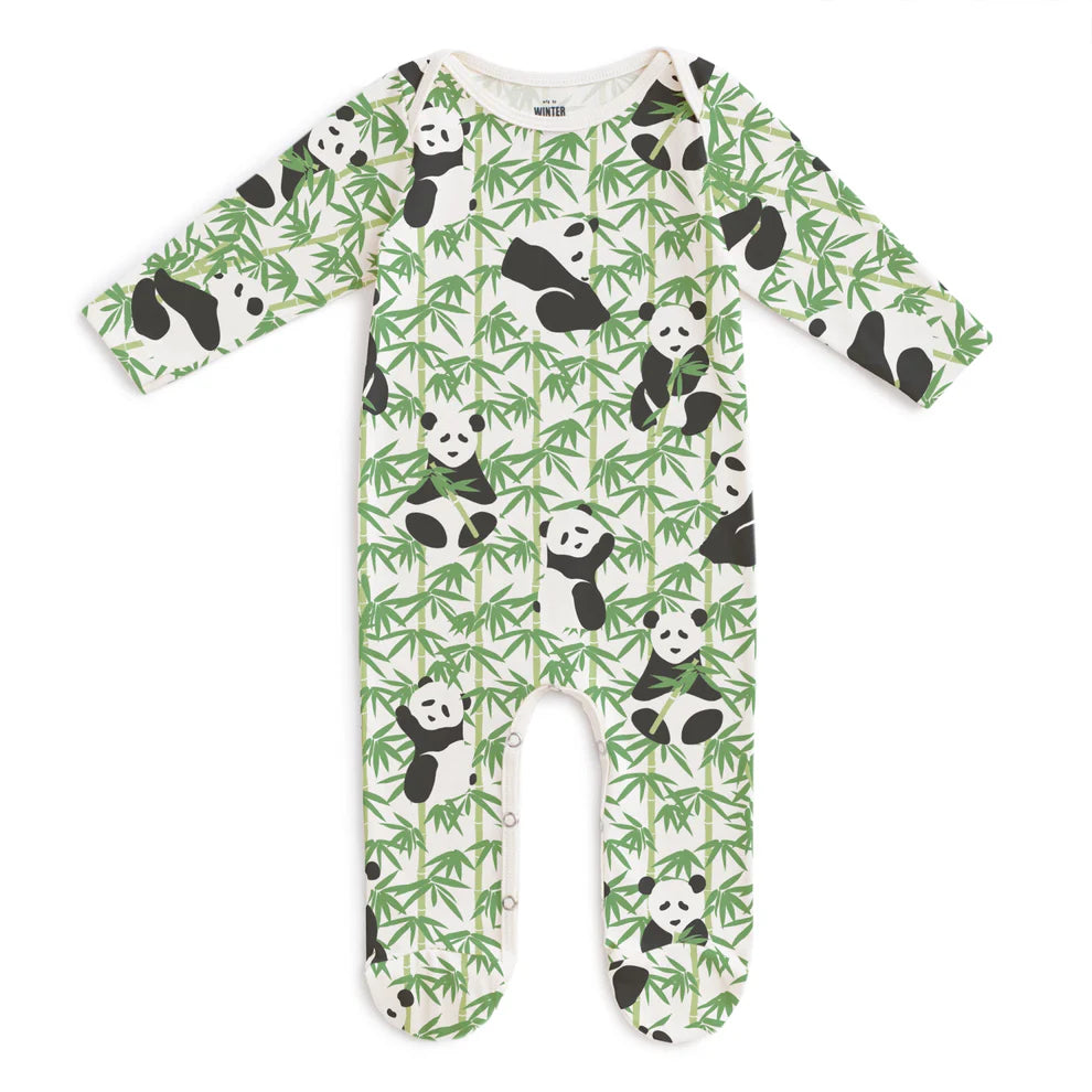 Winter Water Factory | Footed Romper in Green Pandas Print