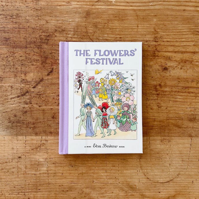 Front cover of Elsa Beskow's The Flowers' Festival that is bound in lavender colored fabric. The illustration shows a parade of people dressed as colorful flowers and grasses. 