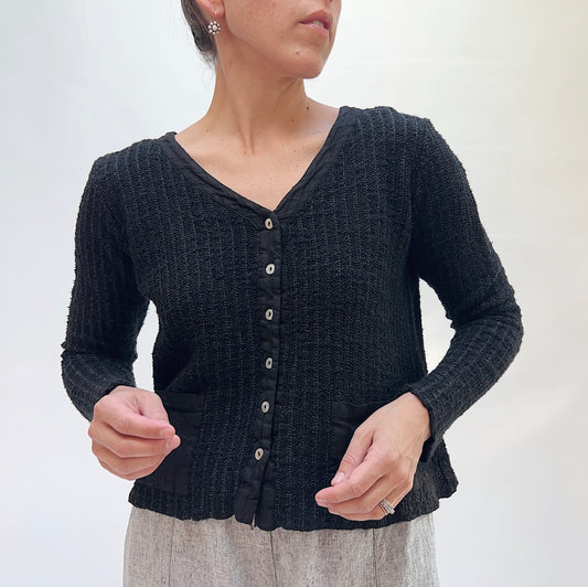 Linen and Knit Cropped Pocket Cardigan in Black