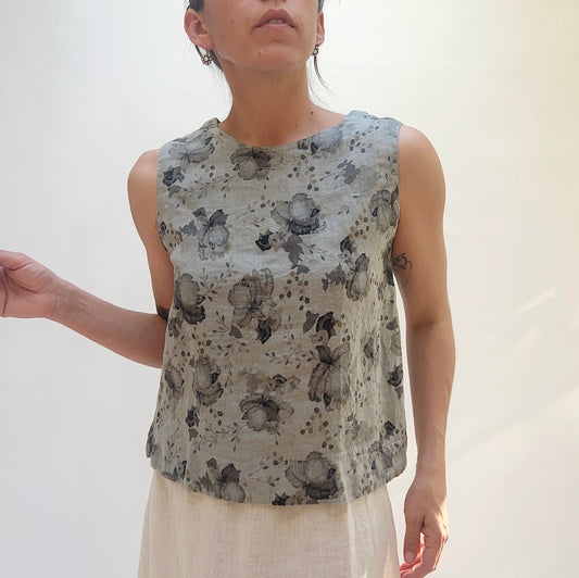 Linen Boxy Tank in Overcast Leoni Floral Print