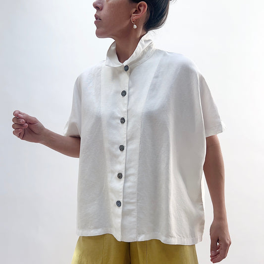 Linen Blend Cap Sleeve Shirt in Paper White