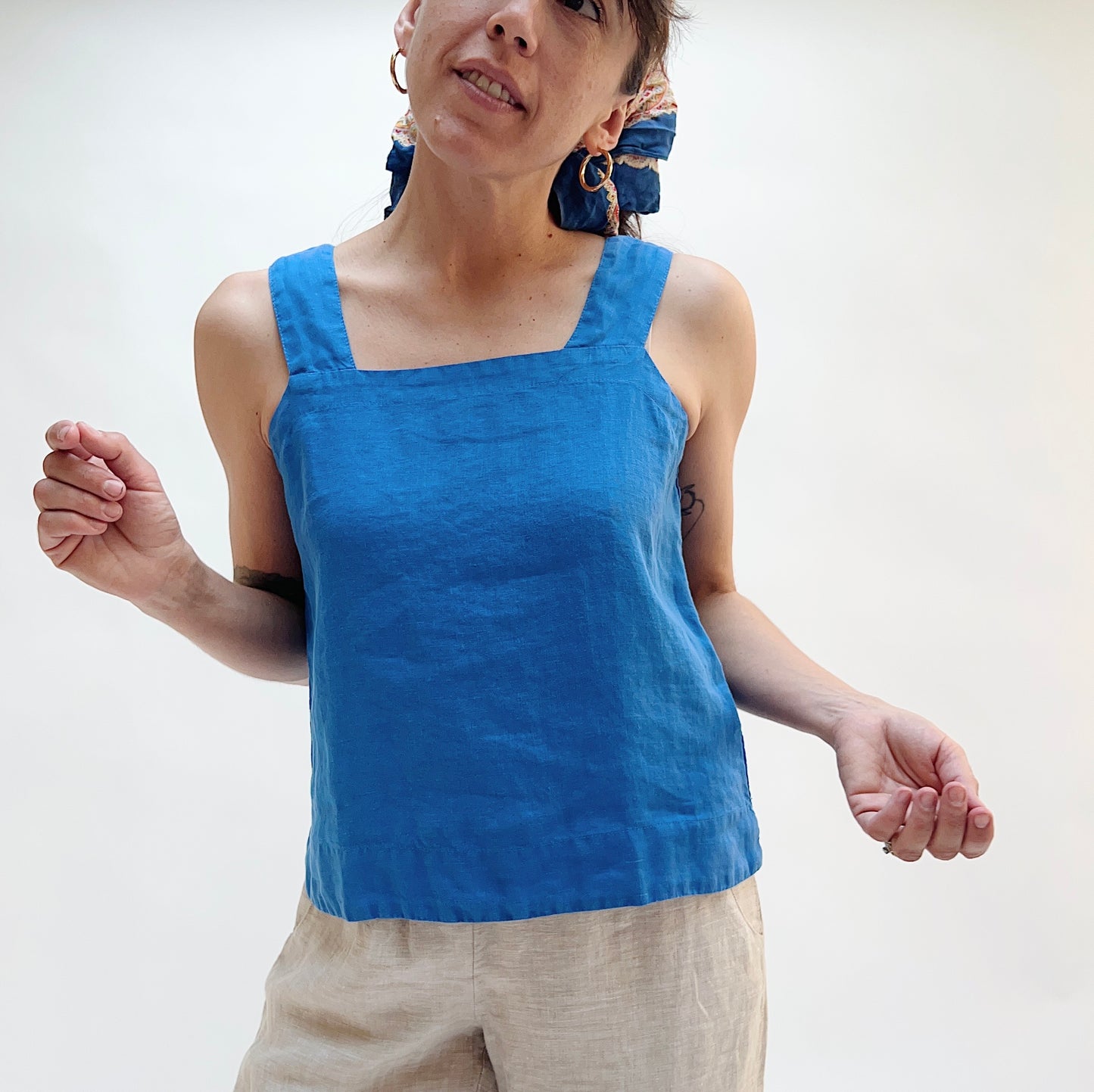 Square Neck Linen Tank in Vivid Blue